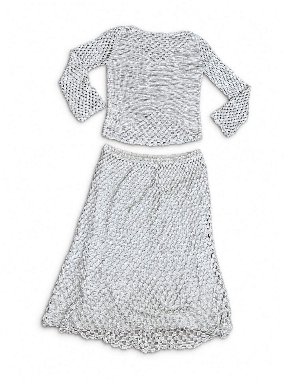 White Crochet Two-Piece Set - Women’s Knit Top & Skirt